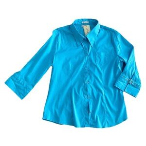 Stretch Antilia Femme Women’s Button-Up Shirt Blue 3/4 Sleeve Buckle Cuff 3X NWT